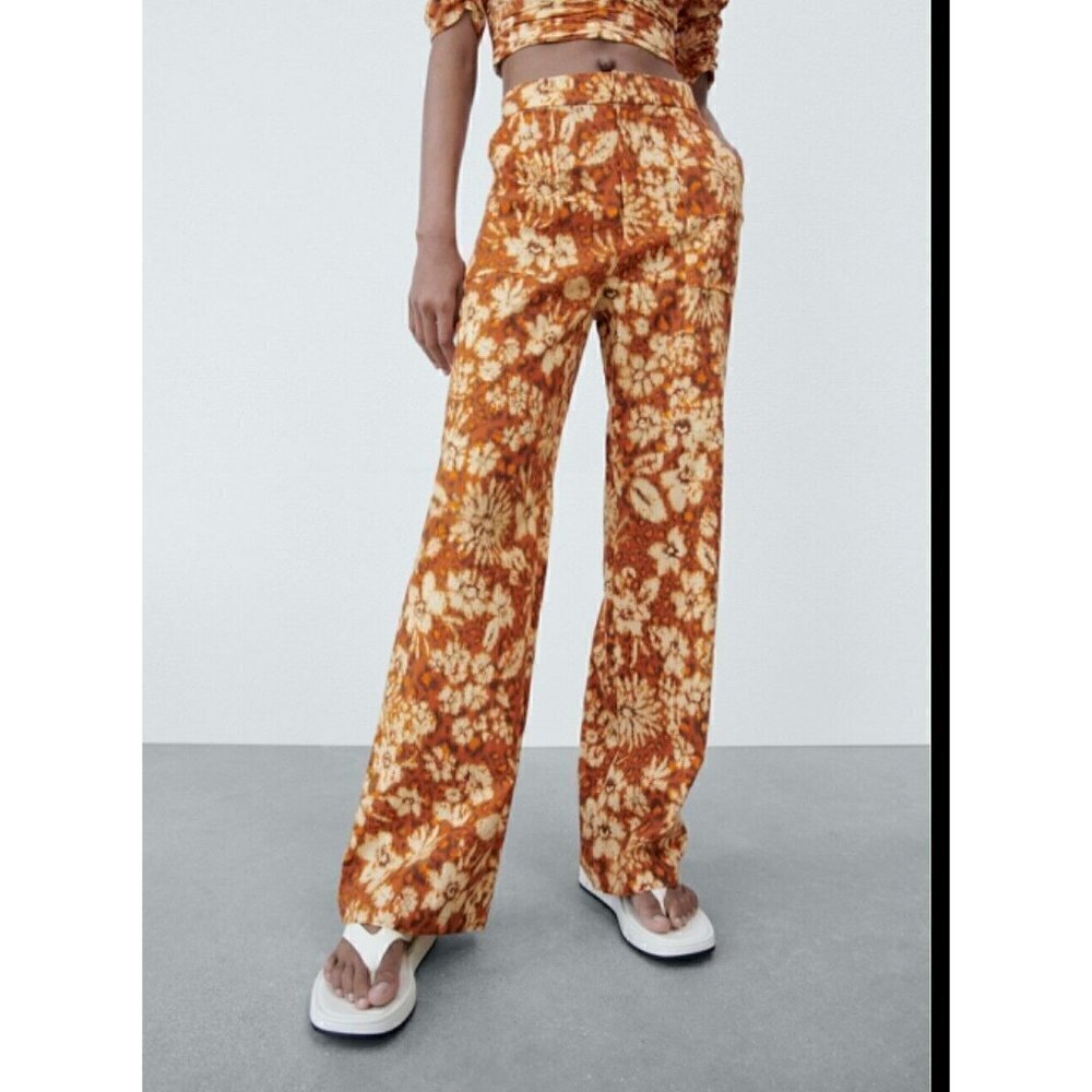 NEW Zara wide leg LINEN Pants XSMALL burnt orange Bohemian